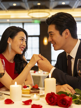 Romantic Couple Holding Hands at Candlelight Dinner for Valentine&rsquo;s Day