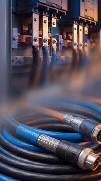Heavy-duty electrical cables connected to an industrial power panel