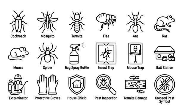 Pest Control Extermination Insect Rodent Trap and Home Protection Line Icons