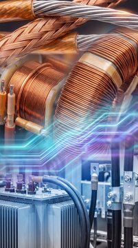 High-power industrial transformer core with copper windings, cables, and circuit board, overlaid with glowing digital circuit patterns. Vertically oriented