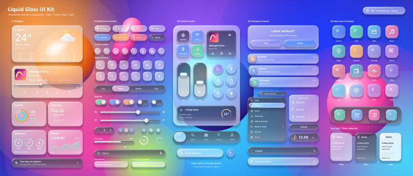 Colorful translucent UI kit presents glassmorphism widgets, buttons, controls, menus, app icons, sliders, cards, and dashboard panels across a vibrant blue, purple, pink, and orange gradient.