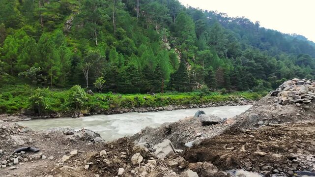 Pindar River Flowing Through Forested Valley Near Tharali in Garhwal, Uttarakhand