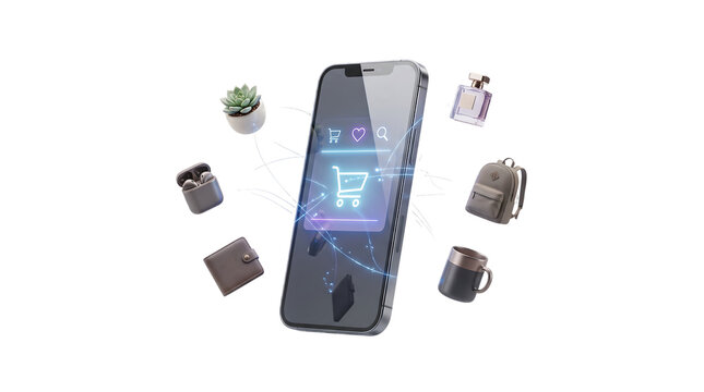 Smartphone shopping app interface surrounded by various consumer products
