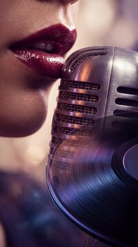 Close-up of glossy red lips singing into a vintage microphone