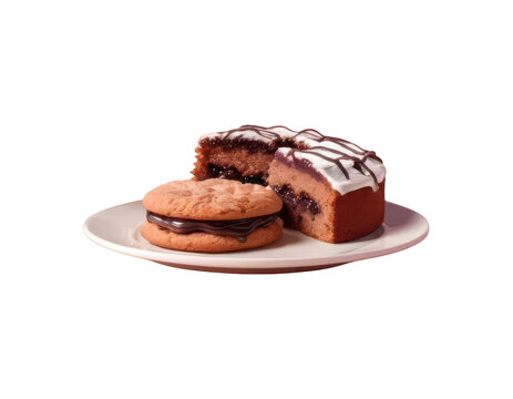 Sweet Indulgence: A delightful assortment of chocolate-filled cookies and decadent cake slices, artfully presented on a white plate, offering a tempting treat for any occasion.