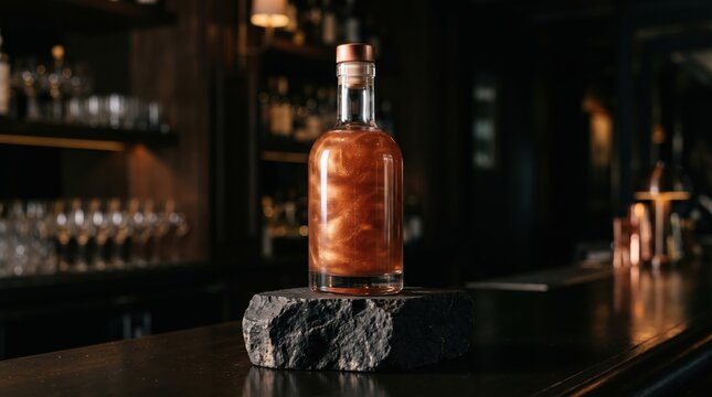 Glass bottle filled with shimmering copper potion sits on a stone pedestal. Dark moody bar interior creates a mystical witchcraft atmosphere.