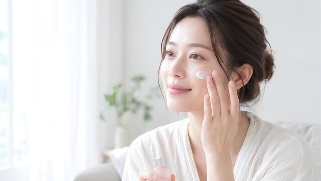 Beautiful Asian woman applying moisturizing face cream on cheek near window with copy space