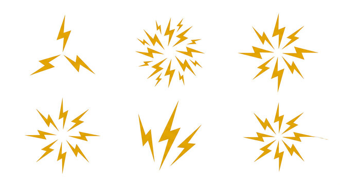Thunderbolt shock cartoon icons. Yellow lightning burst, shouting, noise and loud sound symbols. Energetic comic electric flashes for action, power, speed, and danger effects. vector of shock concept.