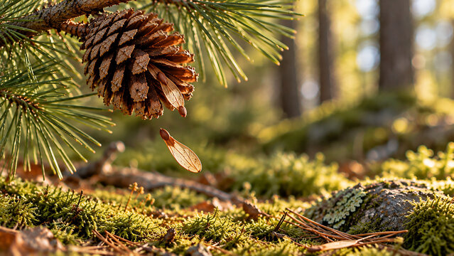 Winged pine seed emerging from an open cone 