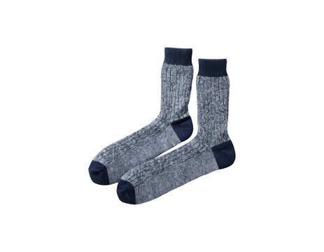 Cozy Comfort: A pair of textured, cable-knit socks in a heathered grey and navy blue, perfect for keeping feet warm and stylish.