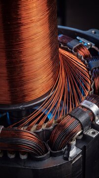 Detailed view of copper wire coils and magnetic windings inside powerful electric motor stator