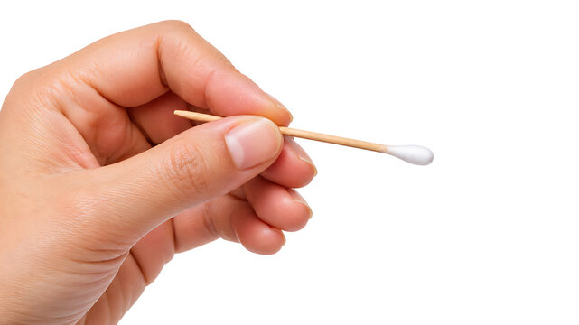 Hand holding cotton swab isolated on white background for hygiene and cleaning use