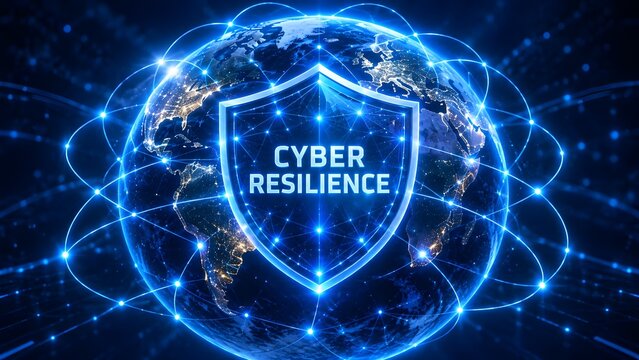 Cyber resilience concept depicting glowing protection shield defending global digital infrastructure and network nodes