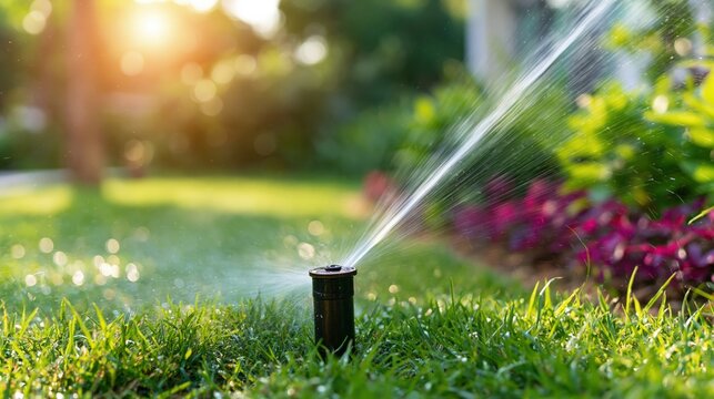 A sprinkler actively waters lush green grass and colorful garden plants during golden hour sunlight.
