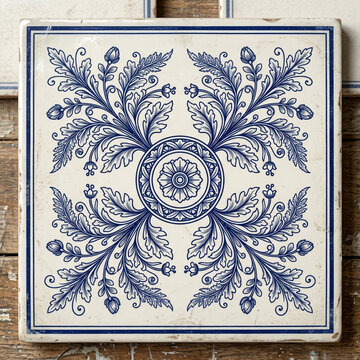 Vintage ceramic tile featuring intricate blue floral and botanical patterns on a white background