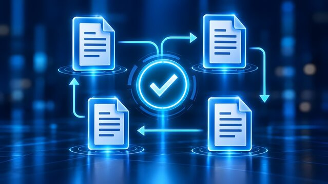 Digital document workflow and approval process showing file icons circulating around a central checkmark for compliance