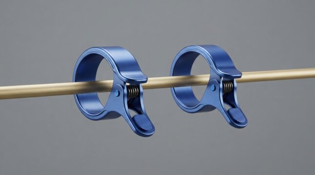 Two blue metal spring clamps attached to a thin gold metal rod against a plain grey background
