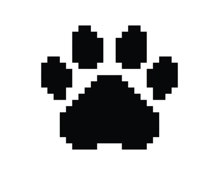 A simple black pixel art style dog or cat paw print icon isolated on a white background