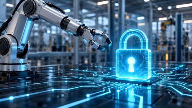 Automated robotic arm assembling digital padlock on circuit board for industrial cybersecurity