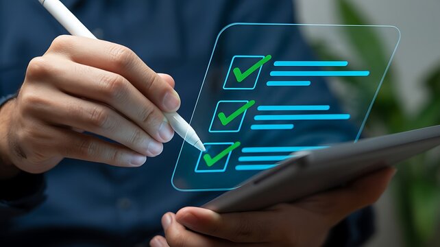 Person's hand holding stylus checking off task list on digital tablet with glowing checkboxes during planning
