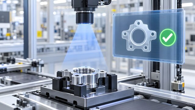 Machine vision camera scanning metal component on factory conveyor belt with digital checkmark approval