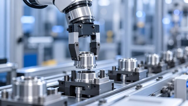 Industrial robotic arm performing precision assembly on manufacturing conveyor belt system