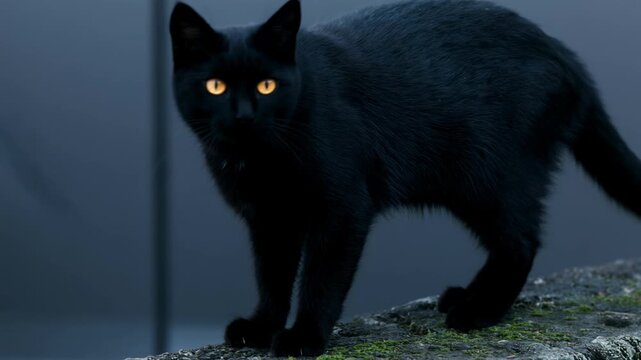 Black cat walks along a stone ledge. Halloween symbol of superstition, mystery and spooky folklore.