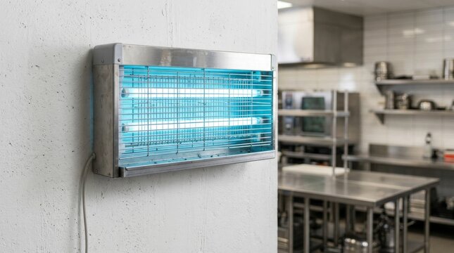 Electric bug zapper with blue ultraviolet light mounted on a white wall in a commercial kitchen interior
