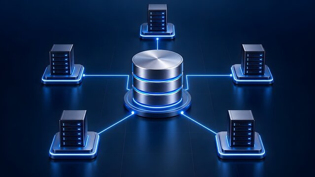 Distributed database network architecture with central storage hub connecting to multiple servers
