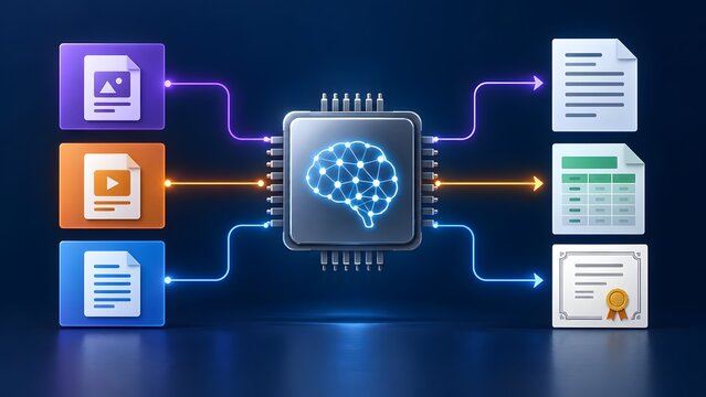 Artificial intelligence microchip processing multimodal media files into structured digital documents and analytical reports