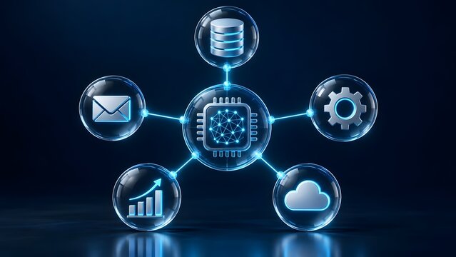 Cloud computing microchip centralized network connecting automated business operations and communication infrastructure