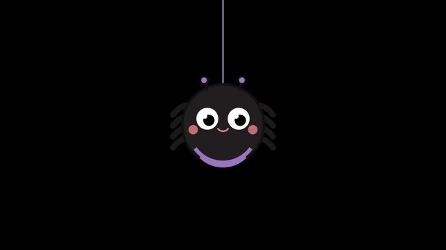 Cute cartoon spider with a happy smile dangling on a web thread against a dark backdrop, perfect for playful spooky season designs or children's Halloween themes