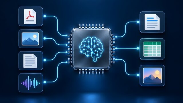Artificial intelligence microchip centralizing and processing multimodal digital file formats including audio text and images
