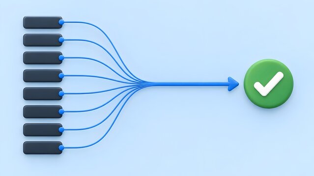 Multiple input lines merging into single arrow toward green checkmark symbolizing process optimization data consolidation