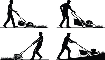 Fototapeta premium Lawn Mowing Worker Silhouette Collection with Push Mower Gardening Illustrations