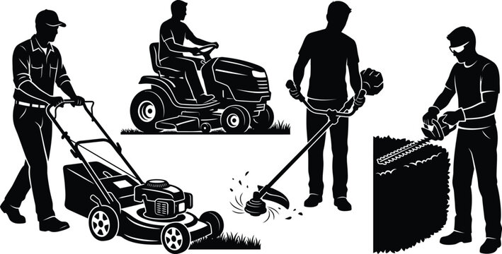 Lawn Care Worker Silhouettes with Mowers Trimmer Blower and Equipment