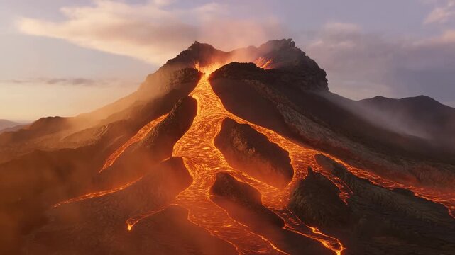 Active volcano erupting across a rugged mountain landscape. Geology education, natural disaster reporting, and earth science documentaries.