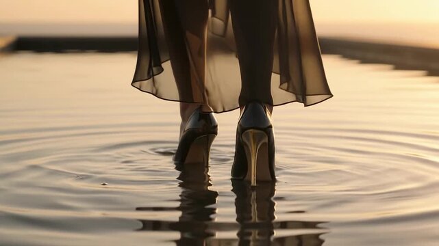 High resolution stock video footage of heels stepping into water ripples showing abstract micro structural details and textures with professional motion details
