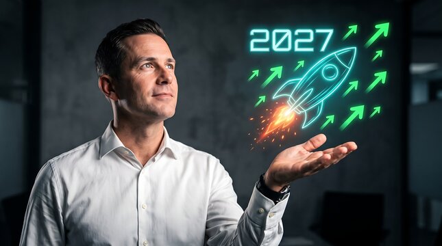 Businessman gazing at futuristic rocket launch with glowing 2027 date in a modern office setting