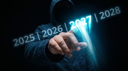 Obraz premium Anonymous hooded figure touching a glowing digital interface with futuristic dates displayed in darkness