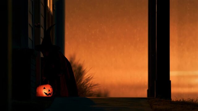 A witch carrying a carved pumpkin lantern walks past a doorway against an autumn sunset, creating a classic Halloween silhouette scene.