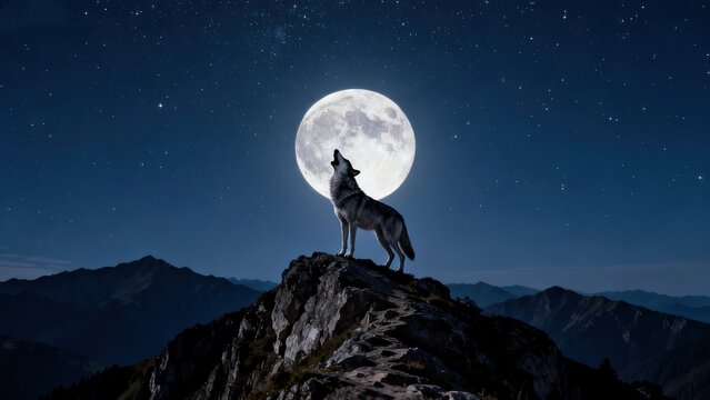 Lone Grey Wolf Howling at Full Moon on Rocky Mountain Ridge at Night