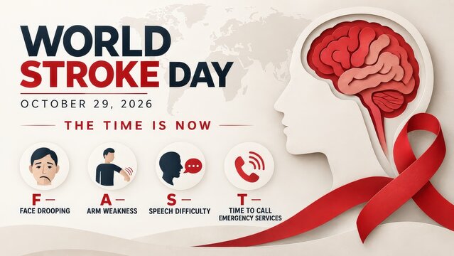 World Stroke Day 2026 awareness banner with brain cross section and emergency signs