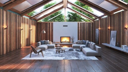Fototapeta premium 3D render of a modern rustic living room with a glass roof, wooden walls, a central fireplace, and a grey modular sofa.