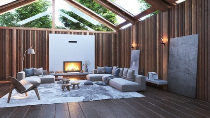 Fototapeta premium 3D render of a modern living room with wood-paneled walls, a glass ceiling, a fireplace, and a large grey sofa.