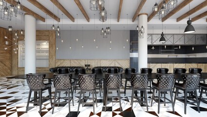 Obraz premium 3D render of an industrial style restaurant interior featuring a long table, studded leather chairs, and patterned floor.
