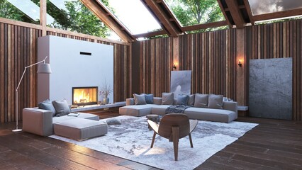 Fototapeta premium 3D render of a modern living room interior featuring a grey sofa, fireplace, wood paneled walls, and large skylights.