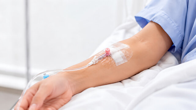 Hospital patient arm with intravenous catheter and medical tubing in bed