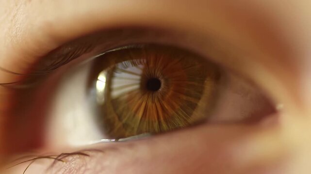 Extreme close-up of a brown human eye with subtle movement, detailed iris, eyelashes. Eye care advertising, optometry services, and ophthalmology education.