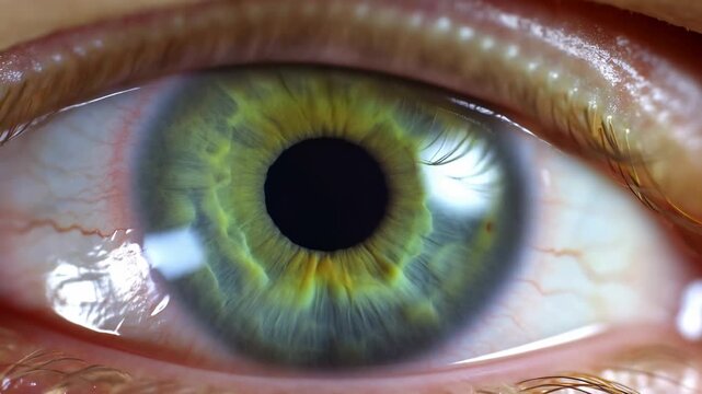 Extreme close-up of a green human eye as the pupil constricts and dilates. Ophthalmology advertising, optometry services, and eye health campaigns.